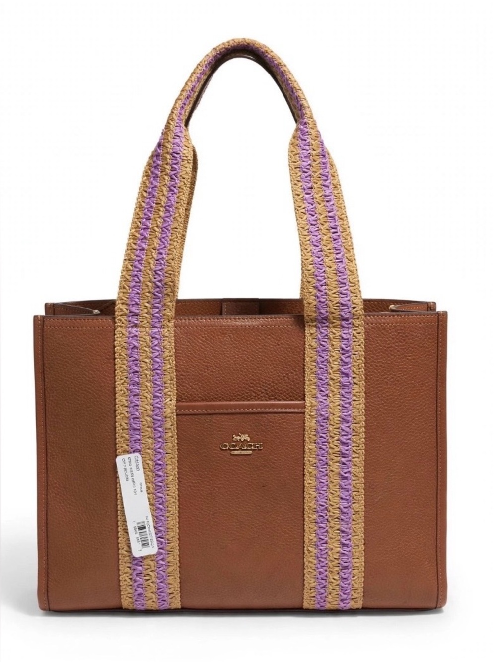 Coach Brown Leather Tote with Purple & Tan Striped Handles